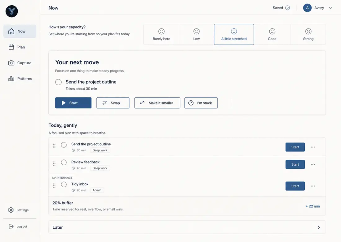 Focused Launch reference interface showing one recommended next move
